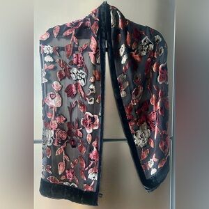 Silk Velvet Burnout Floral Scarf Black Red Romantic Sheer Wrap